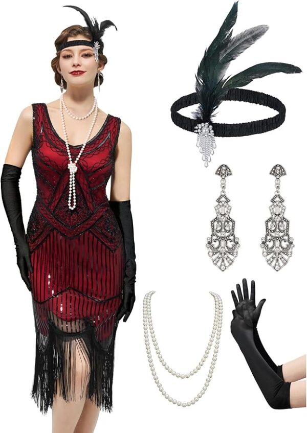 YESSA Flapper Dresses 1920s Gatsby Dress for Women Roaring 20s Costumes Fringed Sequin Cocktail Dress with 20s Accessories