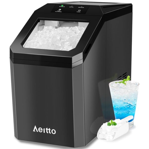 Aeitto Nugget Ice Maker Countertop, 55lbs/Day, Rapid Ice Release in 5 Mins, Large Capacity Chewable Ice Maker, Self-Cleaning with Stainless Steel Housing Ice Machine for Home Office and Party, Black