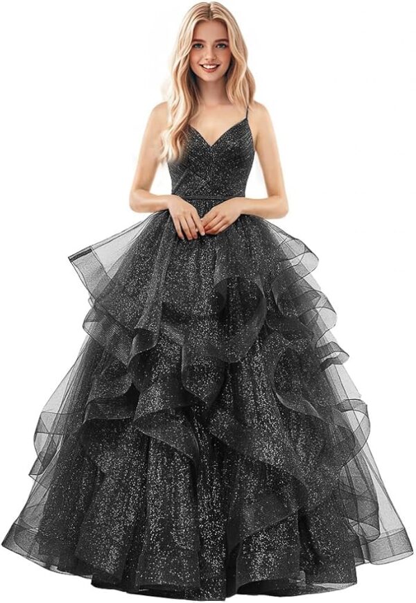 ZSHAOLHYJYZS Glitter Tulle Prom Dresses Spaghetti Straps Ball Gown for Women 2025 Long Formal Dress for Teens