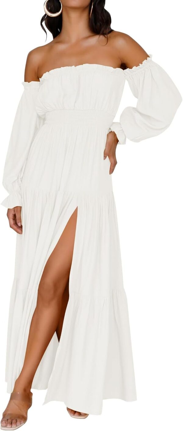ZESICA Women's 2025 Boho Sexy Off Shoulder Long Sleeve Smocked High Waist Side Split Flowy A Line Tiered Long Maxi Dress - Image 3