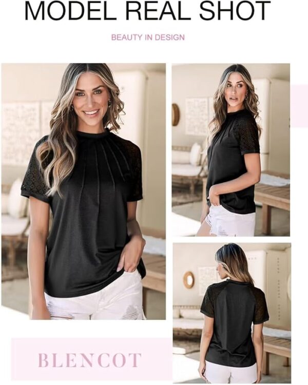 BLENCOT Womens Tops Crewneck Lace Sleeve Fashion Casual Pleated Dressy Blouses Summer Shirts S-2XL