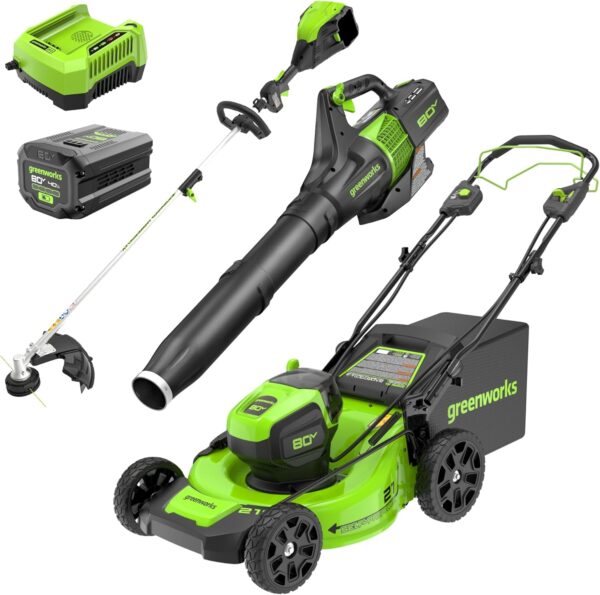 Greenworks 80V 21” Brushless (Self-Propelled) Cordless Electric Lawn Mower + (580 CFM) Axial Leaf Blower + 16” (Attachment Capable) String Trimmer, 4.0Ah Battery and 60 Minute Rapid Charger
