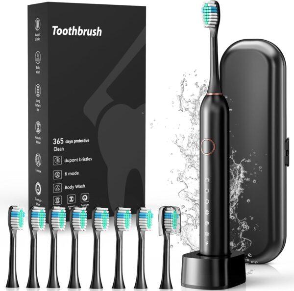 Electric Toothbrush, Sonic Type for Adults & Teens, 8 Brush Heads, Travel Case, 6 Modes, 40000 VPM Electric Motor, IPX7 Waterproof, 2 Minutes Timer, One Charge for 100 Days - Black
