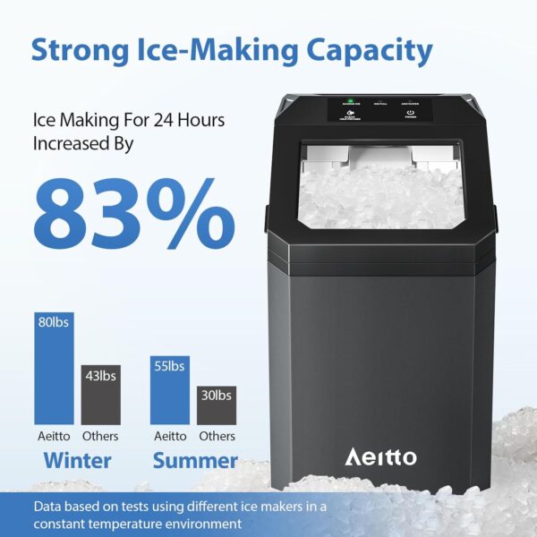 Aeitto Nugget Ice Maker Countertop, 55lbs/Day, Rapid Ice Release in 5 Mins, Large Capacity Chewable Ice Maker, Self-Cleaning with Stainless Steel Housing Ice Machine for Home Office and Party, Black - Image 2
