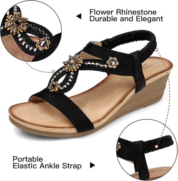 SHIBEVER Womens Wedge Sandals Flower Low Heel Dressy Sandals Elastic Ankle Strap Rhinestone Summer Comfortable Shoe - Image 2
