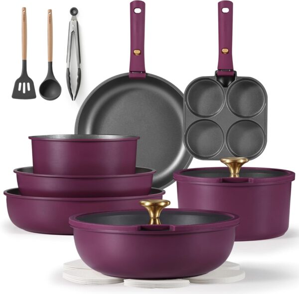 CAROTE 19pcs Pots and Pans Set, Nonstick Cookware Set Detachable Handle, Induction Kitchen Cookware Sets Non Stick with Removable Handle, RV Cookware Set, Gold and Purple
