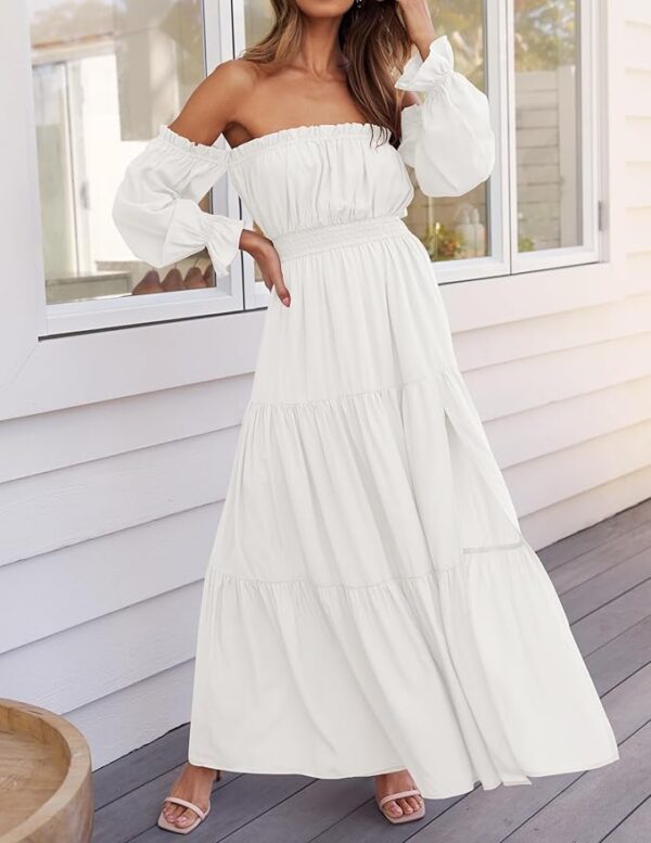 ZESICA Women's 2025 Boho Sexy Off Shoulder Long Sleeve Smocked High Waist Side Split Flowy A Line Tiered Long Maxi Dress