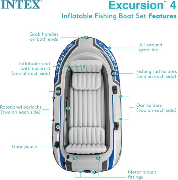 INTEX Excursion Inflatable Boat Series: Includes Deluxe 54in Boat Oars and High-Output Pump – SuperTough PVC – Adjustable Seats with Backrest – Fishing Rod Holders – Welded Oar Locks - Image 3