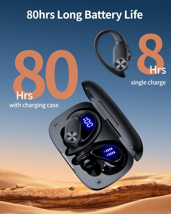 PocBuds Bluetooth Headphones Wireless Earbuds 80hrs Playtime Wireless Charging Case Digital Display Sports Ear Buds with Earhook Deep Bass IPX7 Waterproof Over-Ear Earphones for TV Phone Laptop Black - Image 2