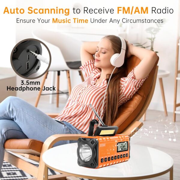 Hand Crank Emergency Weather Radio Portable AM/FM/NOAA Alert Digital Alarm Clock Radio, 10000mAh Battery/Wind Up/USB-C/Solar Powered, Flashlight,Reading Lamp, Phone Charger, SOS Survival Essentials - Image 2