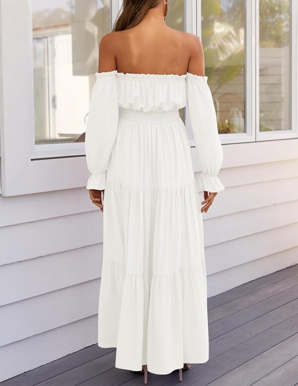 ZESICA Women's 2025 Boho Sexy Off Shoulder Long Sleeve Smocked High Waist Side Split Flowy A Line Tiered Long Maxi Dress - Image 2