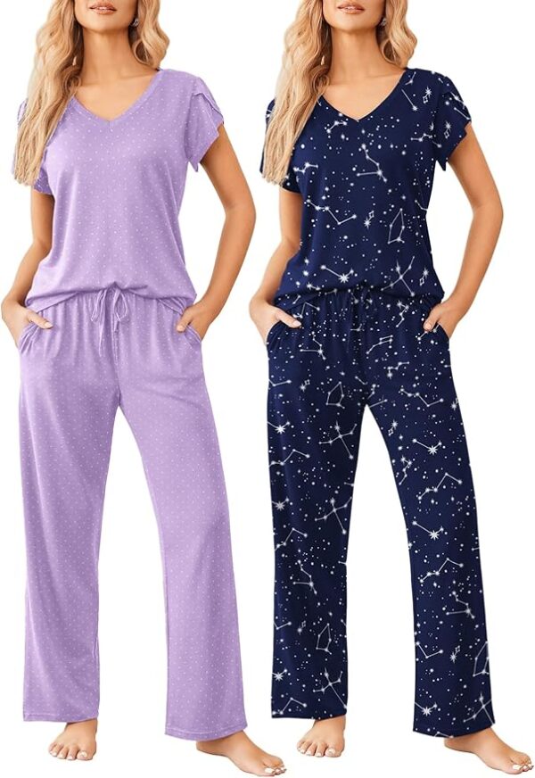 Ekouaer 2 Pack Womens Pajamas Short Sleeve Sleepwear Top with Pants Super-Soft Printed Lounge Sets S-XXL