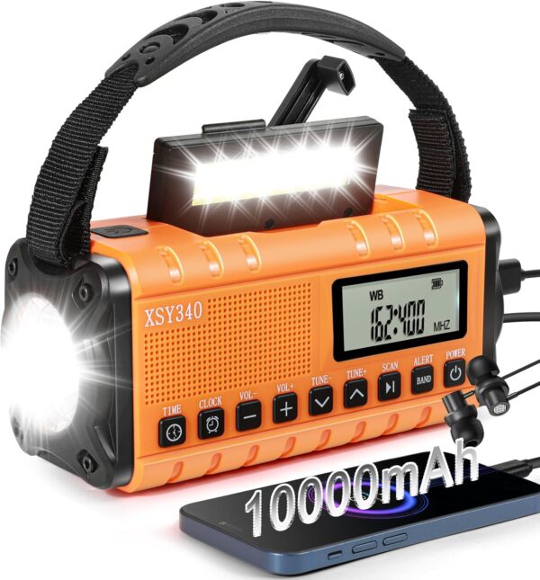 Hand Crank Emergency Weather Radio Portable AM/FM/NOAA Alert Digital Alarm Clock Radio, 10000mAh Battery/Wind Up/USB-C/Solar Powered, Flashlight,Reading Lamp, Phone Charger, SOS Survival Essentials