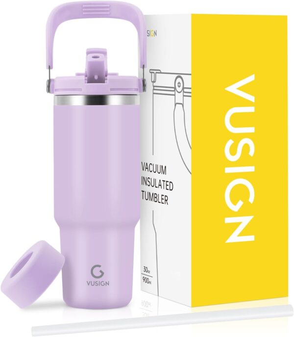 VUSIGN 30 oz Tumbler with Handle and Flip Straw, Stainless Steel Vacuum Insulated Water Bottle Travel Mug Thermal Cup for Home, Office, Car, Outdoors, Sports, Orchid