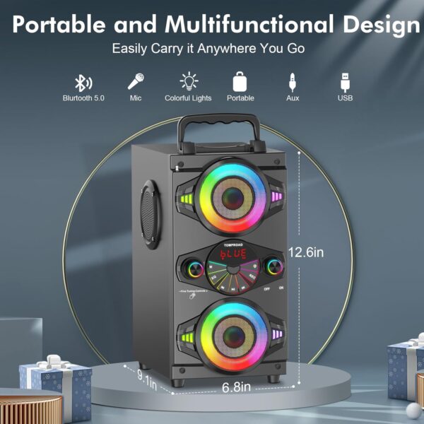 Bluetooth Speakers, 60W Portable Wireless Loud Outdoor Home Party Bluetooth Speaker with Subwoofer, FM Radio, LED Colorful Lights, Microphone, Remote and Big Powerful Stereo Deep Bass Sound Boombox - Image 2