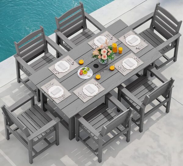 SERWALL Outdoor HDPE Dining Table Set, 7-Piece Outdoor Dining Table Sets with Umbrella Hole Cut-Out Table and 6 Chairs, Gray