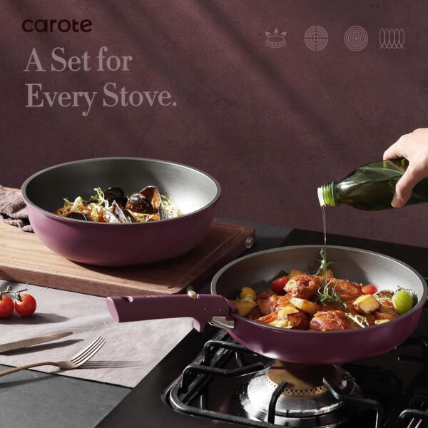 CAROTE 19pcs Pots and Pans Set, Nonstick Cookware Set Detachable Handle, Induction Kitchen Cookware Sets Non Stick with Removable Handle, RV Cookware Set, Gold and Purple - Image 2