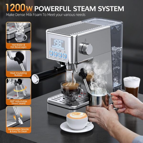 Espresso Machine, 20Bar Compact Stainless Espresso Maker, With Milk Frother Steam Wand, 57.5OZ Removable Water Tank, Displays Making Time & Water Temperature, Cold Brew & Cappuccino, Silver - Image 2