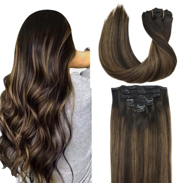 GOO GOO Clip in Hair Extensions Real Human Hair, Remy Human Hair Extensions Clip ins for Women, Natural Human Hair, 26inch 135g 7Pcs, 2/6/2 Balayage Dark Brown to Chestnut Brown