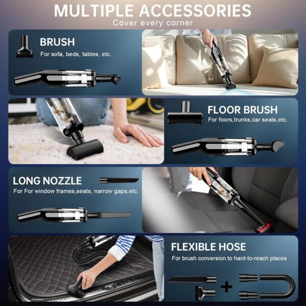Cordless Handheld Vacuum, Rechargeable Car Vacuum with 16000Pa Powerful Suction, Ultra-Lightweight 1.3lbs, Brushless Motor, Multiple Accessories for Home Office Car Pets Cleaning - Image 2