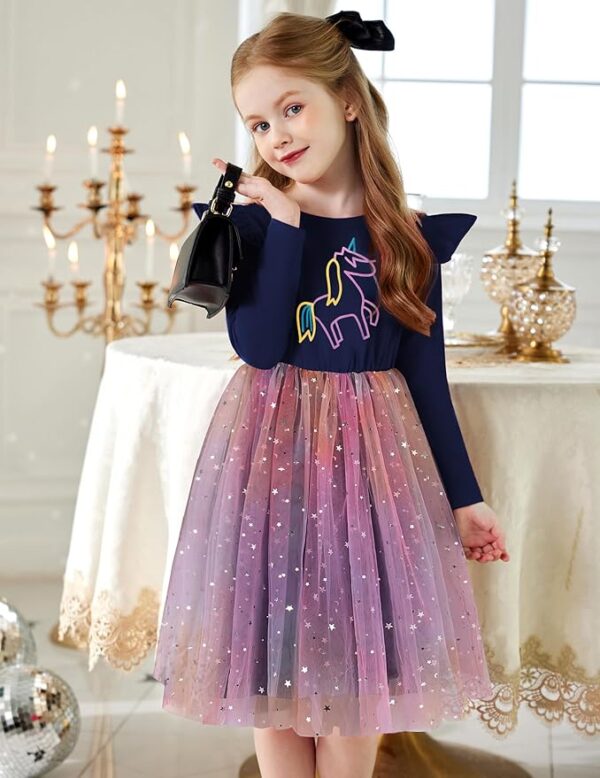 Arshiner Toddler Girls Tutu Dresses Long Sleeve Ruffle Fall Winter Holiday Star Sequin Tulle Dress 2-6Y - Image 2