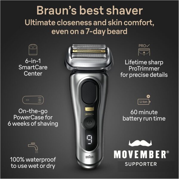 Braun Series 9 PRO+ 9577cc Electric Razor for Men, 5 Pro Shave Elements & Precision Long Hair Trimmer, 6in1 SmartCare Center, PowerCase for Mobile Charging, Wet & Dry, 60min Battery Runtime - Image 2