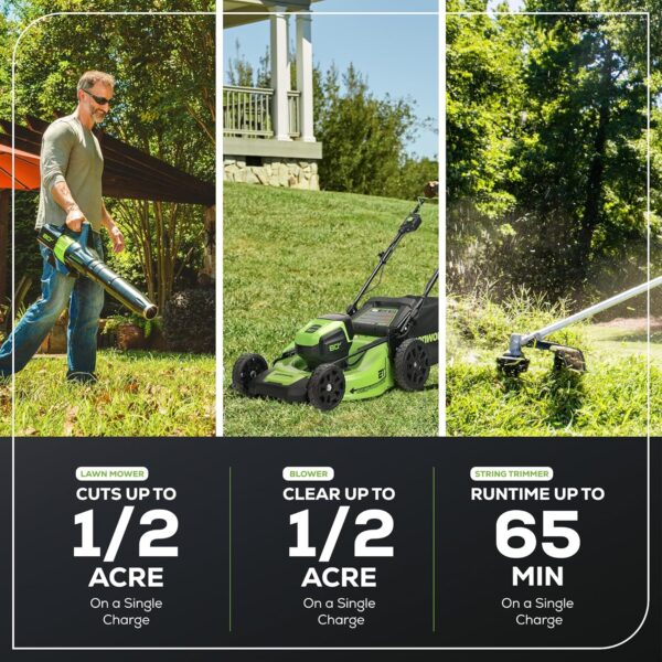 Greenworks 80V 21” Brushless (Self-Propelled) Cordless Electric Lawn Mower + (580 CFM) Axial Leaf Blower + 16” (Attachment Capable) String Trimmer, 4.0Ah Battery and 60 Minute Rapid Charger - Image 2