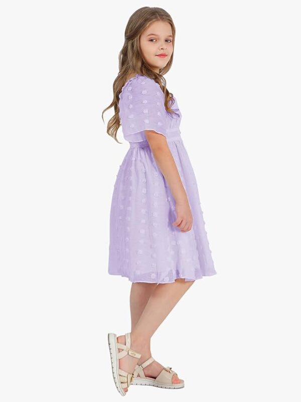 EXLURA Girls 2025 Summer Dresses Short Sleeve Swiss Dot Square Neck Flowy A Line Kids Dress Casual Party Midi Dress 6-15Y - Image 3