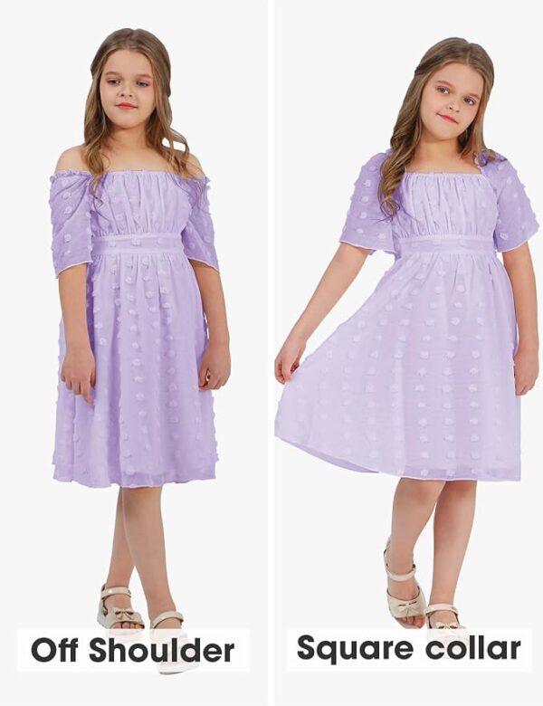 EXLURA Girls 2025 Summer Dresses Short Sleeve Swiss Dot Square Neck Flowy A Line Kids Dress Casual Party Midi Dress 6-15Y