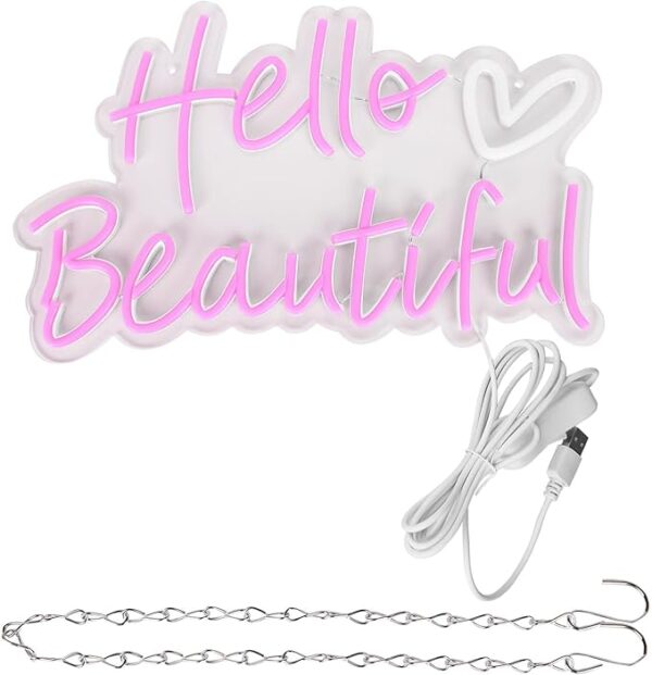 Pink Hello Beautiful Neon Sign for Wall Decor,Beautiful Led Neon for Girl's Room Wall Decor,Girls Light Up Sign for Birthday Party Decor,Valentines Day Decor,Size 15.7 * 9.6 Inches（JTLD099） - Image 2