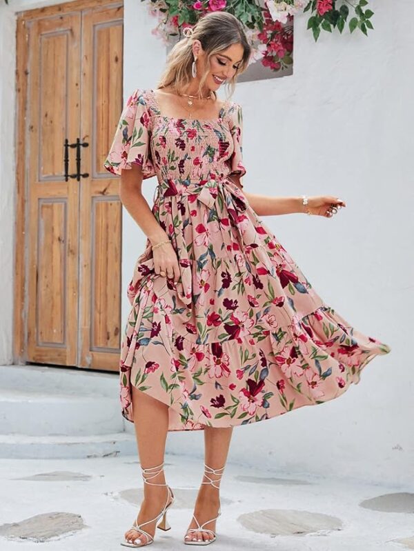 Amegoya Women's Boho Flowy Long Sleeve Square Neck Floral Midi Dress Smocked Spring Fall Wedding Guest Dresses - Image 3
