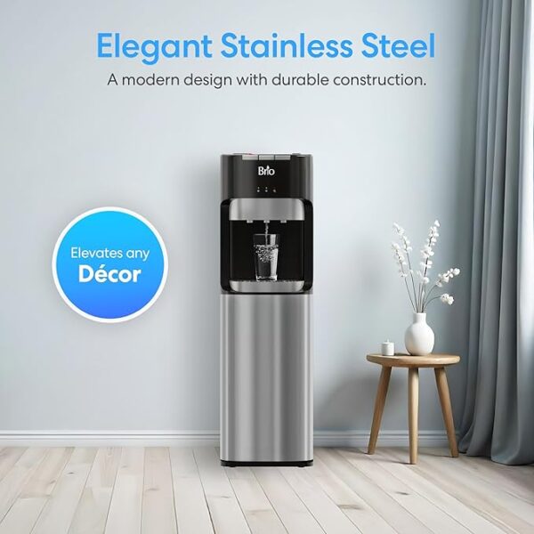 Brio Bottom Loading Water Cooler Dispenser for 5 Gallon Bottles - 3 Temperatures with Hot, Room & Cold Spouts, Child Safety Lock, LED Display with Empty Bottle Alert, Stainless Steel - Image 3