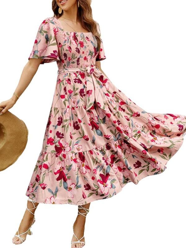 Amegoya Women's Boho Flowy Long Sleeve Square Neck Floral Midi Dress Smocked Spring Fall Wedding Guest Dresses