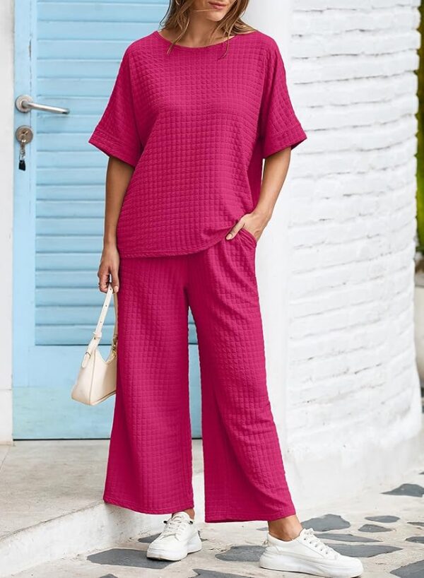 Dokotoo Women's Summer 2 Piece Sets Short Sleeve Crewneck Pullover Shirts Tops and Drawstring Wide Leg Pants Lounge Sets