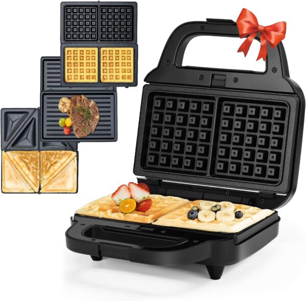 Samoris 3 in 1 Electric Sandwich Maker, Panini Press Grill and Waffle Iron Set with Removable Non-Stick Plates, Electric Grilled Cheese Maker, Portable Cool Touch Handle,Easy to Clean, 870W Black