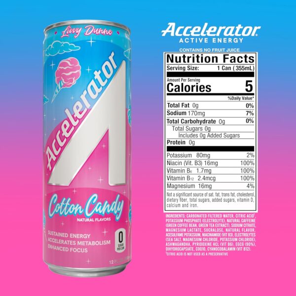 Accelerator Active Energy Drink, Cotton Candy, 12 Fl Oz (Pack of 12), Sugar Free, NSF Certified Sport, Sustained Energy, Accelerates Metabolism, Enhanced Focus - Image 2