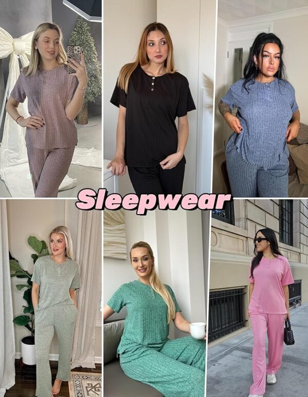 Ekouaer 2 Pack Womens Ribbed Knit Lounge Set Short Sleeve Loungewear Henly Neck Top and Pants Sleepwear Pajama with Pockets - Image 3