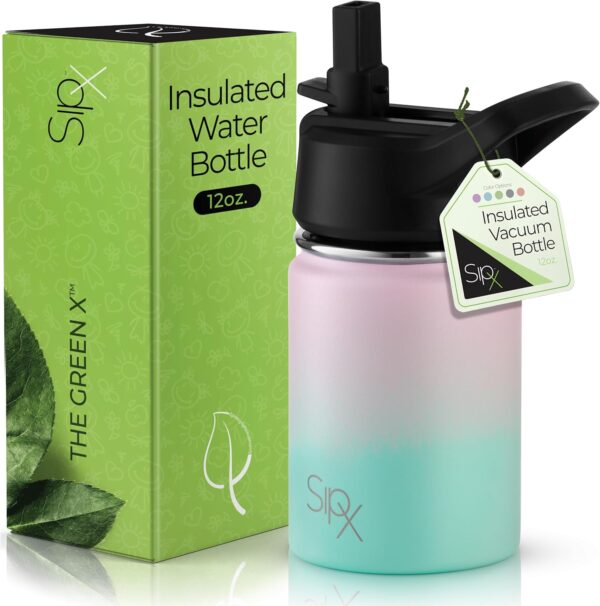SIPX™ Insulated Kids Water Bottles 12oz. With Straw Lid, BPA-Free Reusable Insulated Toddler Water Bottle Keeps Cold 24 Hours, Metal Water Bottle Kids Made Of Sustainable Material (Gradient Mint Pink)