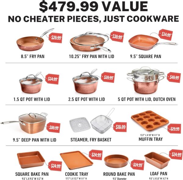 Gotham Steel Hammered Copper Collection – 20 Piece Premium Pots and Pans Set Nonstick Ceramic Cookware + Bakeware Set for Kitchen, Induction/Dishwasher/Oven Safe, Healthy and Non Toxic - Image 2