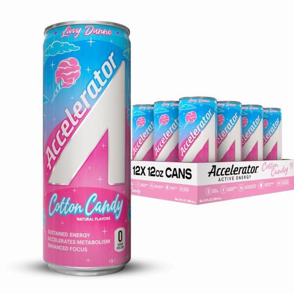 Accelerator Active Energy Drink, Cotton Candy, 12 Fl Oz (Pack of 12), Sugar Free, NSF Certified Sport, Sustained Energy, Accelerates Metabolism, Enhanced Focus
