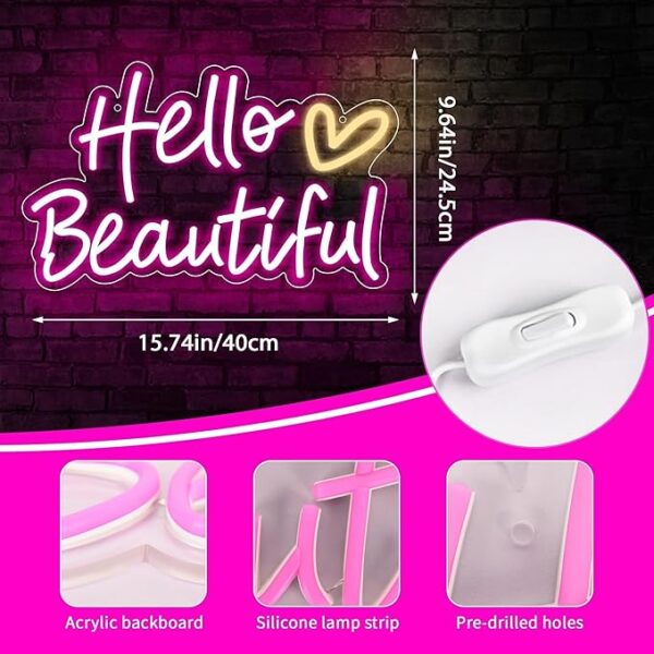 Pink Hello Beautiful Neon Sign for Wall Decor,Beautiful Led Neon for Girl's Room Wall Decor,Girls Light Up Sign for Birthday Party Decor,Valentines Day Decor,Size 15.7 * 9.6 Inches（JTLD099）