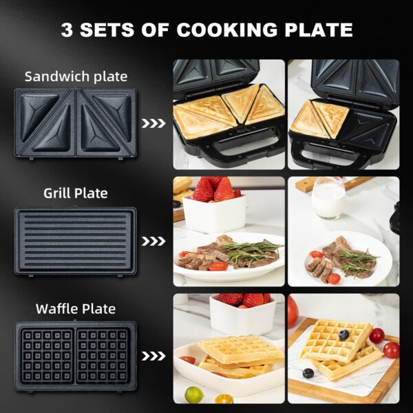 Samoris 3 in 1 Electric Sandwich Maker, Panini Press Grill and Waffle Iron Set with Removable Non-Stick Plates, Electric Grilled Cheese Maker, Portable Cool Touch Handle,Easy to Clean, 870W Black - Image 2