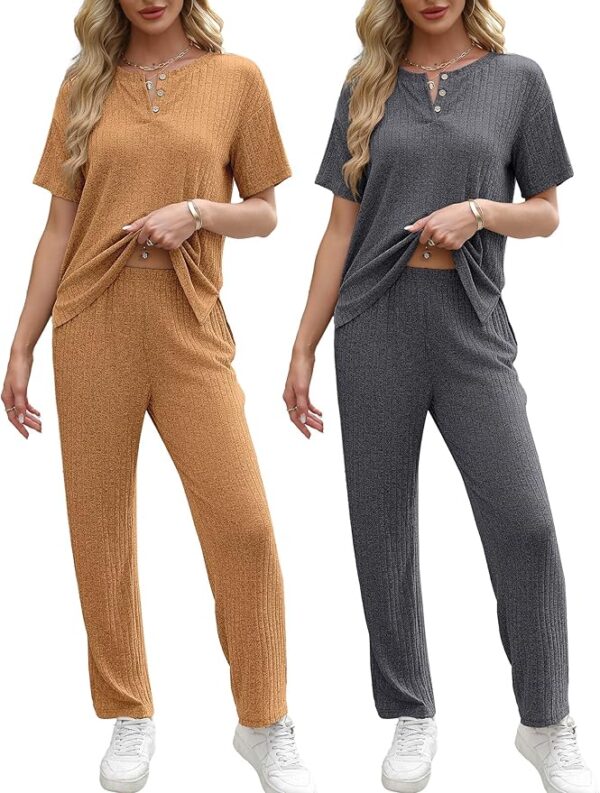 Ekouaer 2 Pack Womens Ribbed Knit Lounge Set Short Sleeve Loungewear Henly Neck Top and Pants Sleepwear Pajama with Pockets