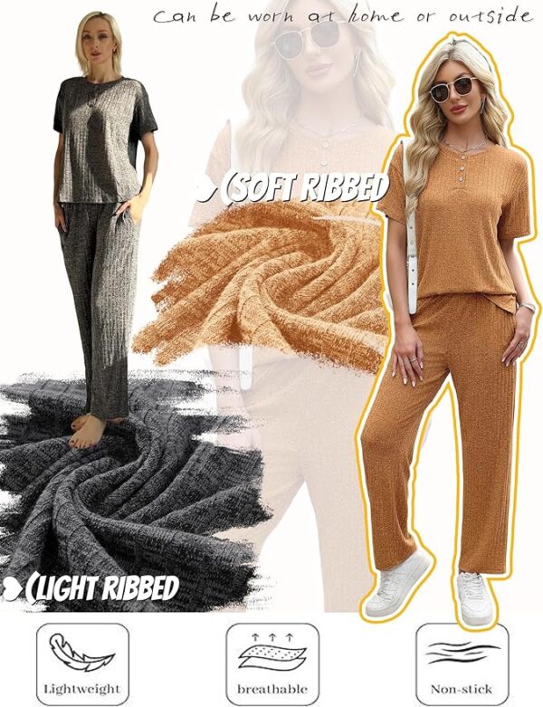Ekouaer 2 Pack Womens Ribbed Knit Lounge Set Short Sleeve Loungewear Henly Neck Top and Pants Sleepwear Pajama with Pockets - Image 2
