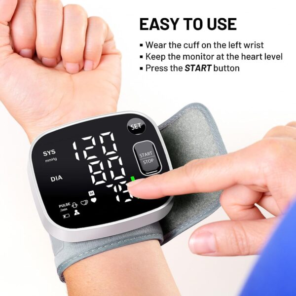 Oklar Blood Pressure Monitors for Home Use Rechargeable Wrist Digital BP Machine Cuff with LED Backlit Display, Voice Broadcast, 240 Memory Storage for 2 Users with Carrying Case - Image 3