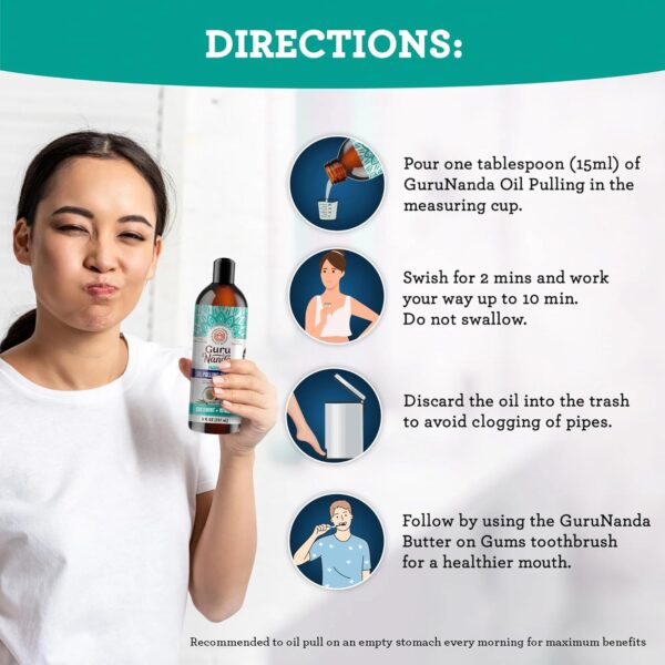 GuruNanda CocoMint Oil Pulling Mouthwash for Complete Oral Hygiene, 7 Essential Oils & Vitamins for Happy Teeth & Gums & Fresh Breath , Alcohol-Free, 8 oz - Image 2